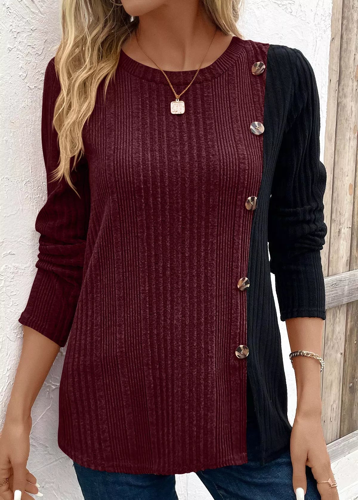 Color Block Ribbed Knit Decor Button T-Shirt designed for comfort and style at Lookzlike
