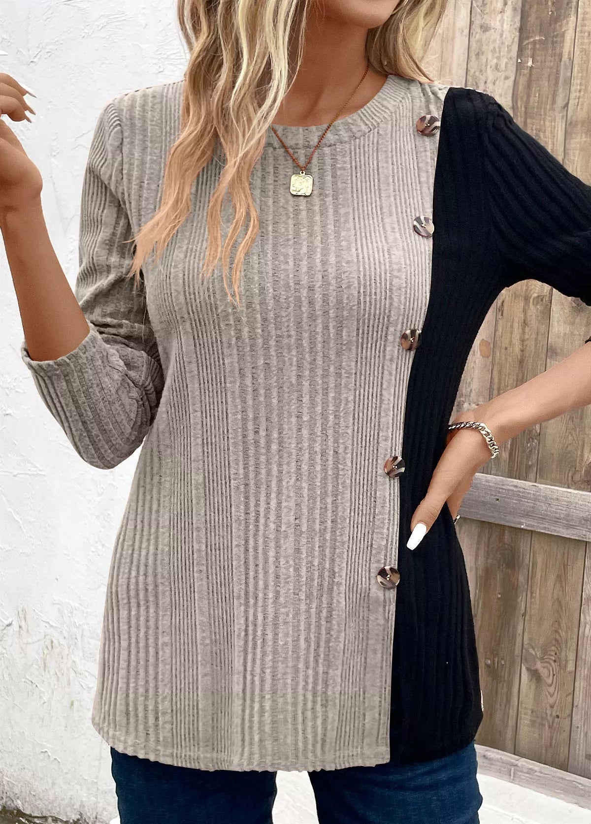 Color Block Ribbed Knit Decor Button T-Shirt designed for comfort and style at Lookzlike