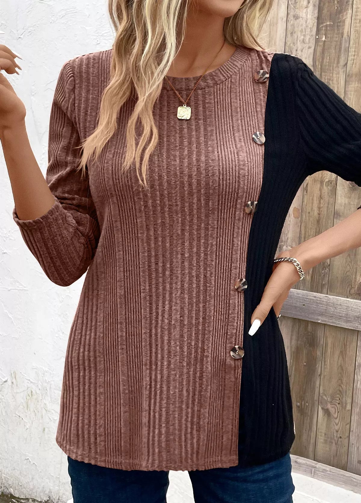 Color Block Ribbed Knit Decor Button T-Shirt designed for comfort and style at Lookzlike