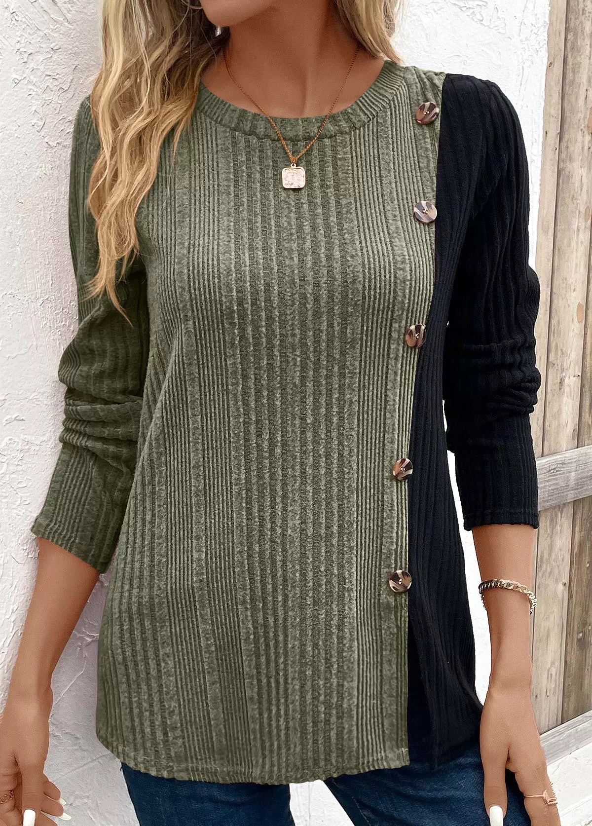 Color Block Ribbed Knit Decor Button T-Shirt designed for comfort and style at Lookzlike
