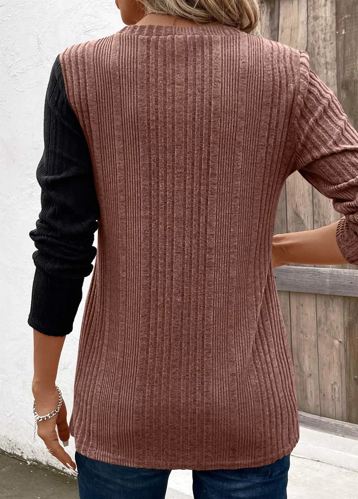 Color Block Ribbed Knit Decor Button T-Shirt designed for comfort and style at Lookzlike