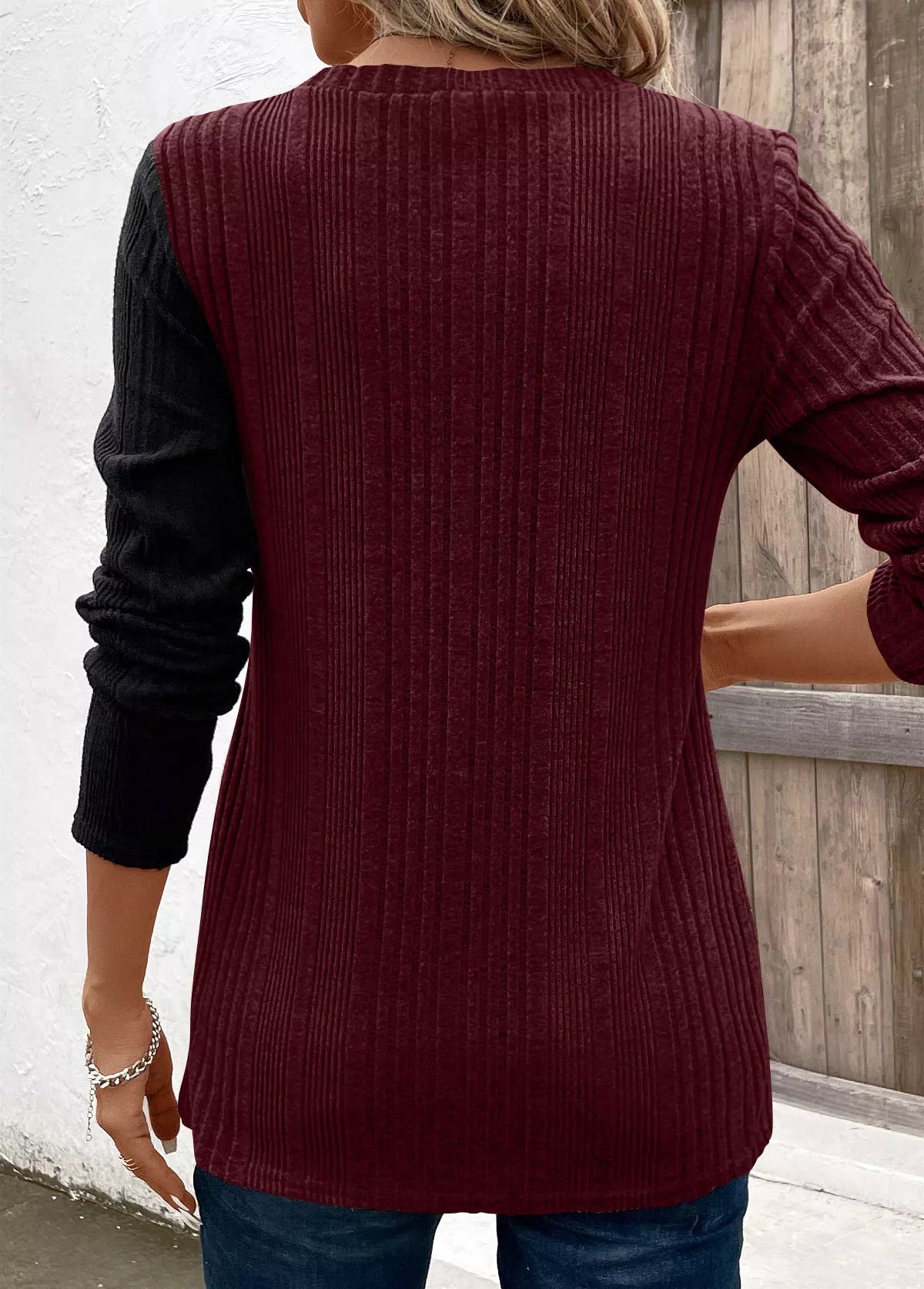 Color Block Ribbed Knit Decor Button T-Shirt designed for comfort and style at Lookzlike