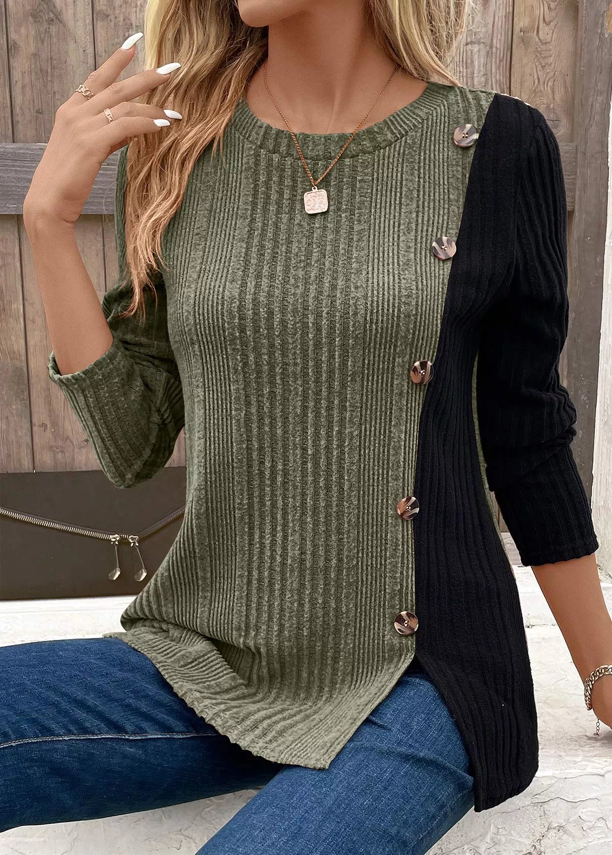 Color Block Ribbed Knit Decor Button T-Shirt designed for comfort and style at Lookzlike