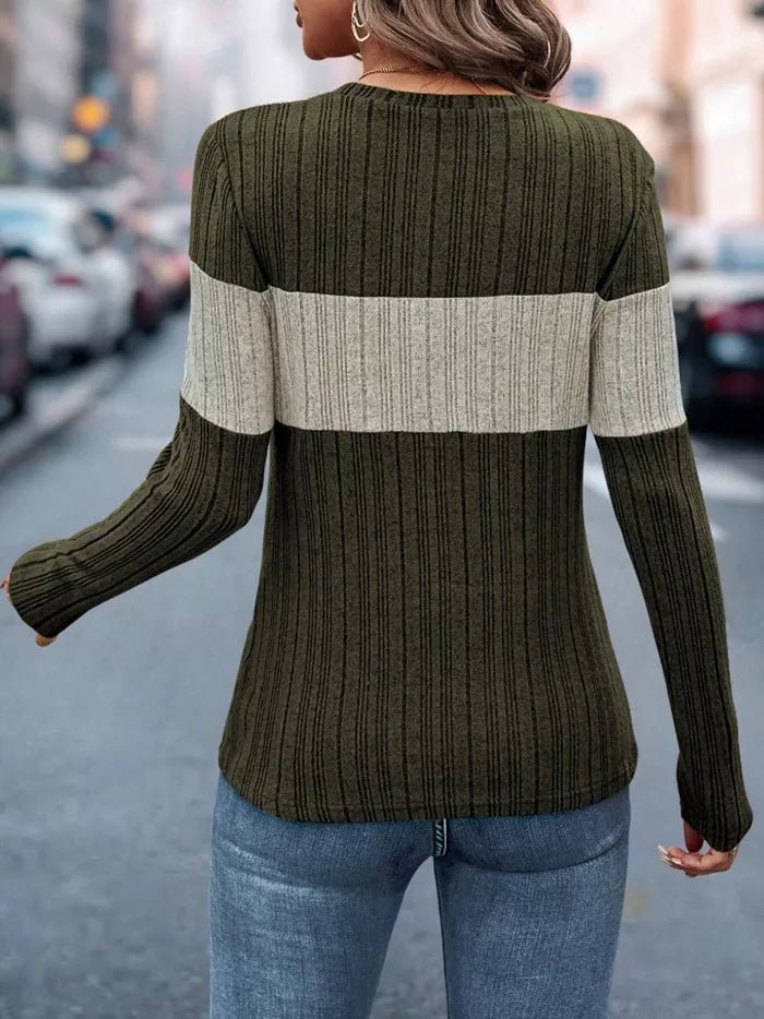 Color Block Ribbed Knit Long Sleeve T-Shirt designed for comfort and style at Lookzlike