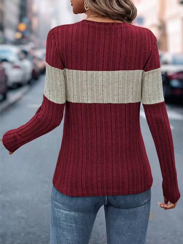 Color Block Ribbed Knit Long Sleeve T-Shirt designed for comfort and style at Lookzlike