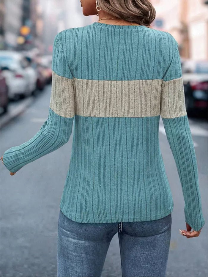 Color Block Ribbed Knit Long Sleeve T-Shirt designed for comfort and style at Lookzlike