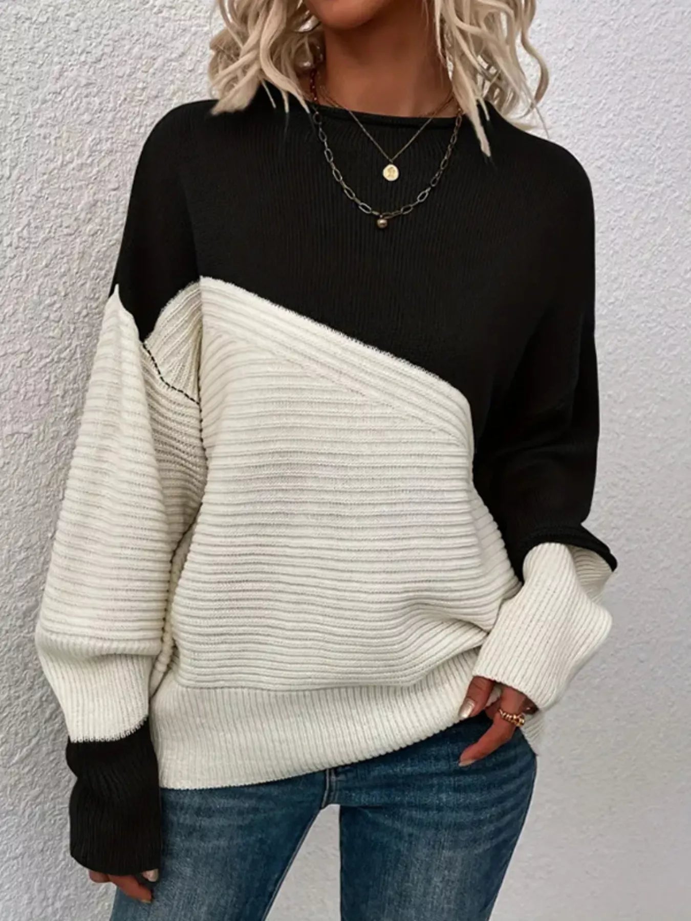 Color Block Ribbed Knit Sweater designed for comfort and style at Lookzlike
