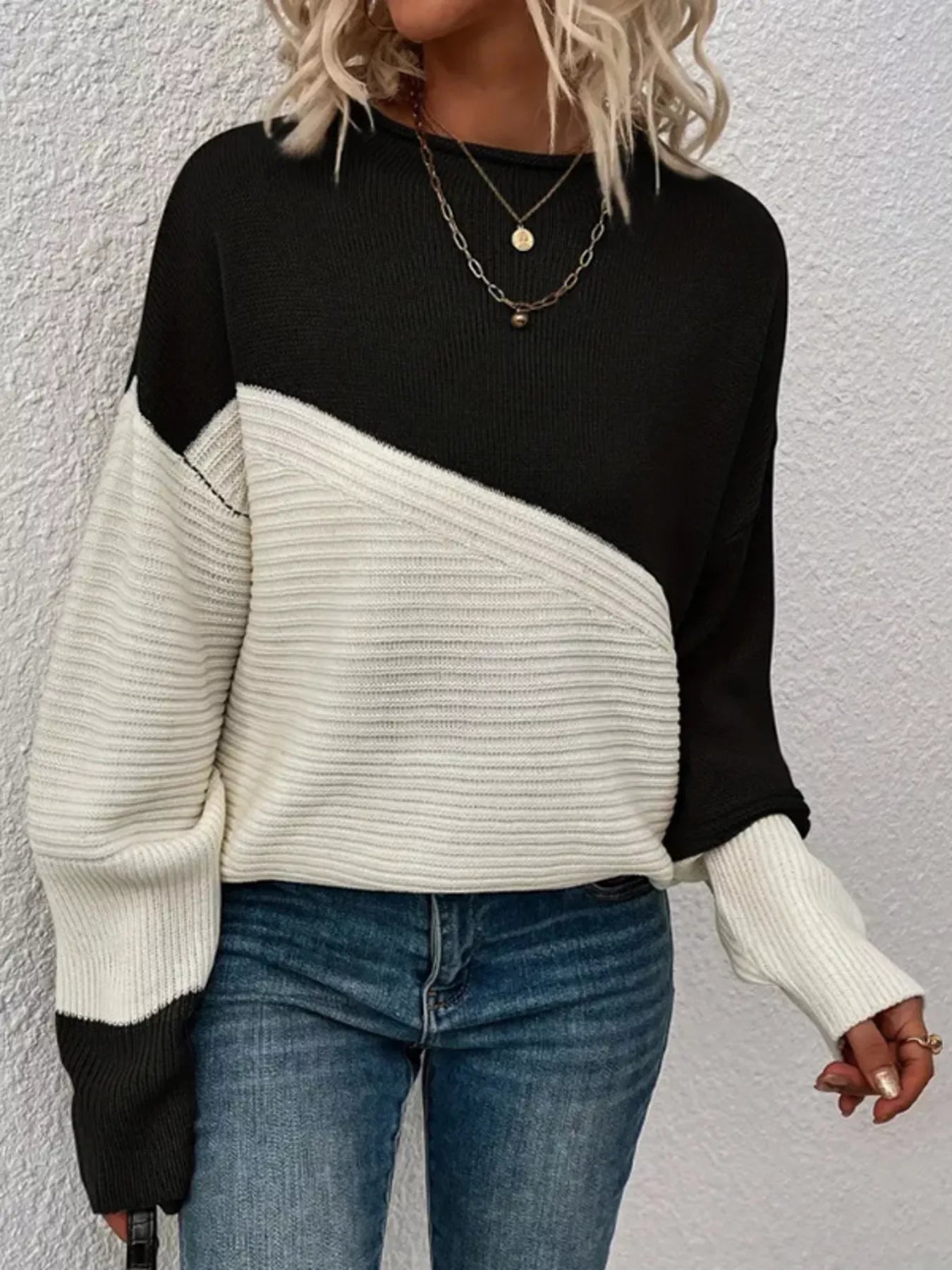 Color Block Ribbed Knit Sweater designed for comfort and style at Lookzlike