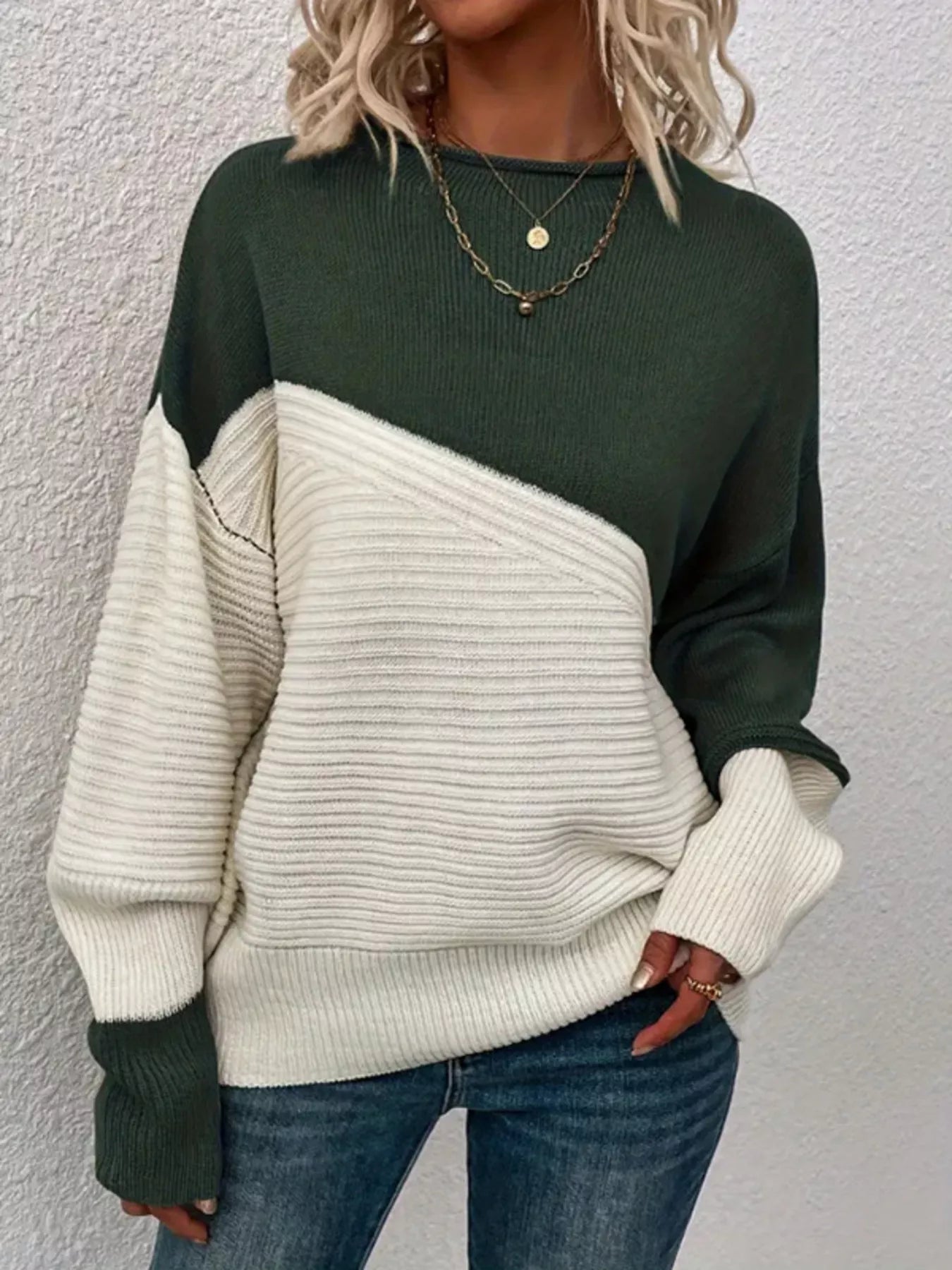 Color Block Ribbed Knit Sweater designed for comfort and style at Lookzlike