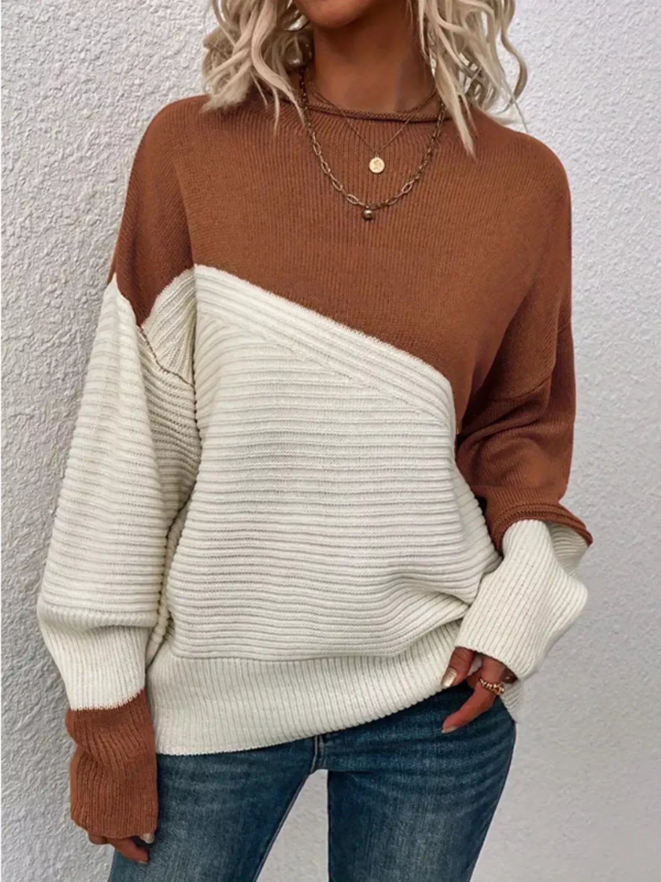 Color Block Ribbed Knit Sweater designed for comfort and style at Lookzlike