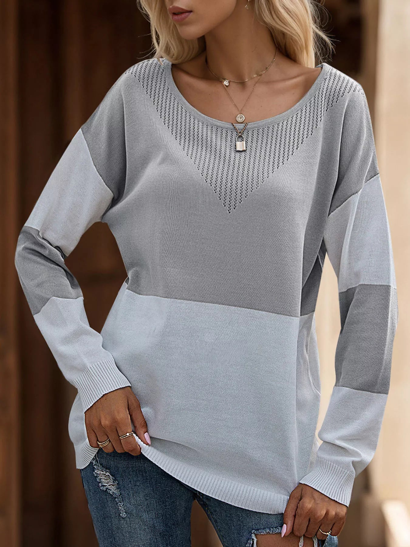 Color Block V - Neck Knit Top designed for comfort and style at Lookzlike