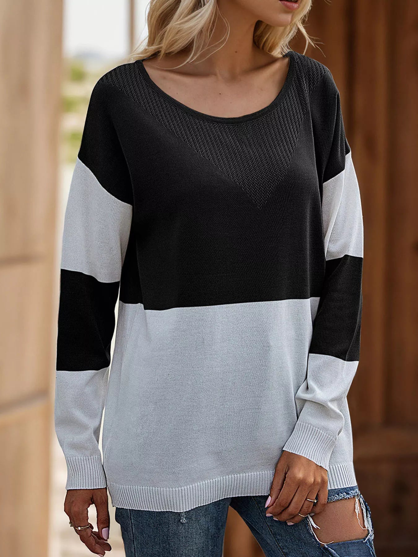 Color Block V - Neck Knit Top designed for comfort and style at Lookzlike