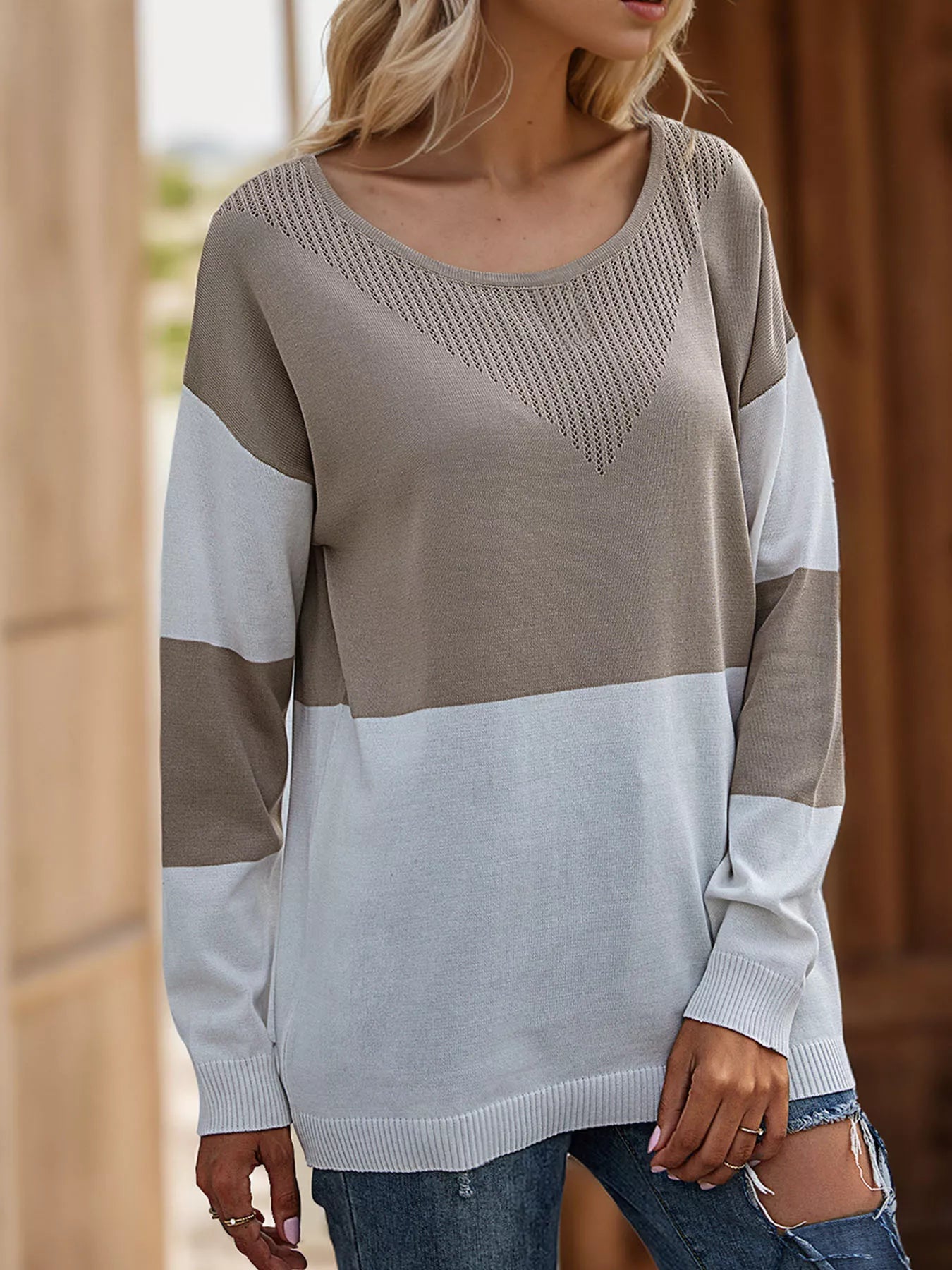 Color Block V - Neck Knit Top designed for comfort and style at Lookzlike