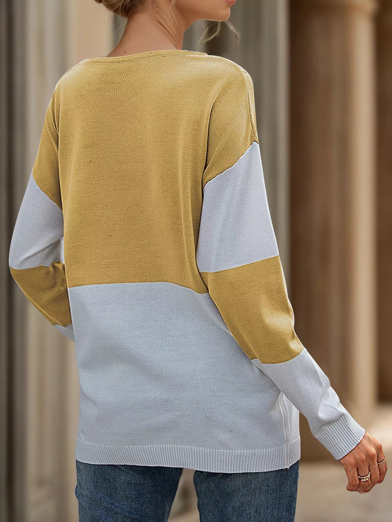 Color Block V - Neck Knit Top designed for comfort and style at Lookzlike