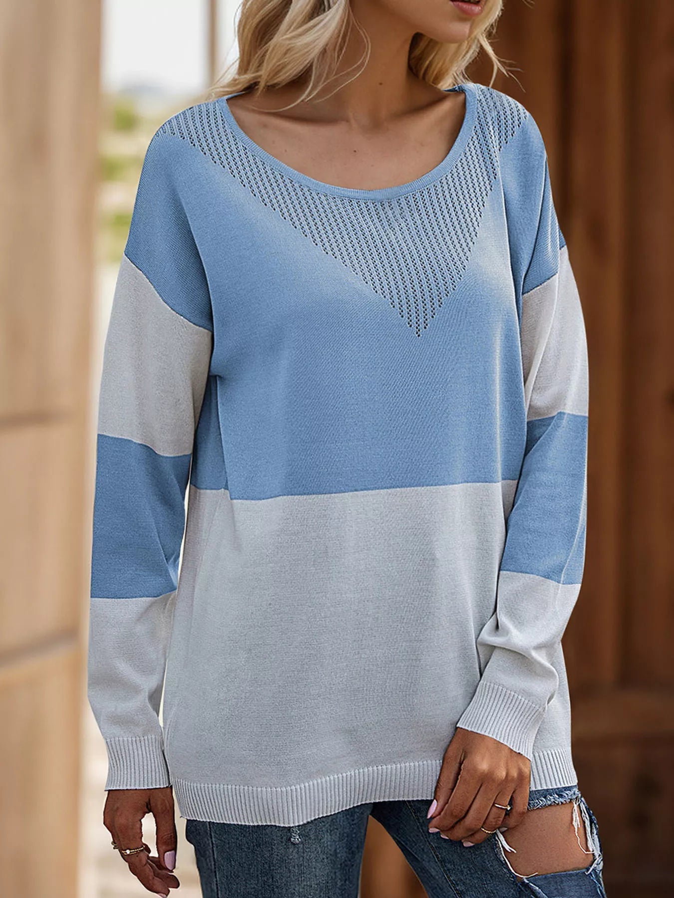 Color Block V - Neck Knit Top designed for comfort and style at Lookzlike
