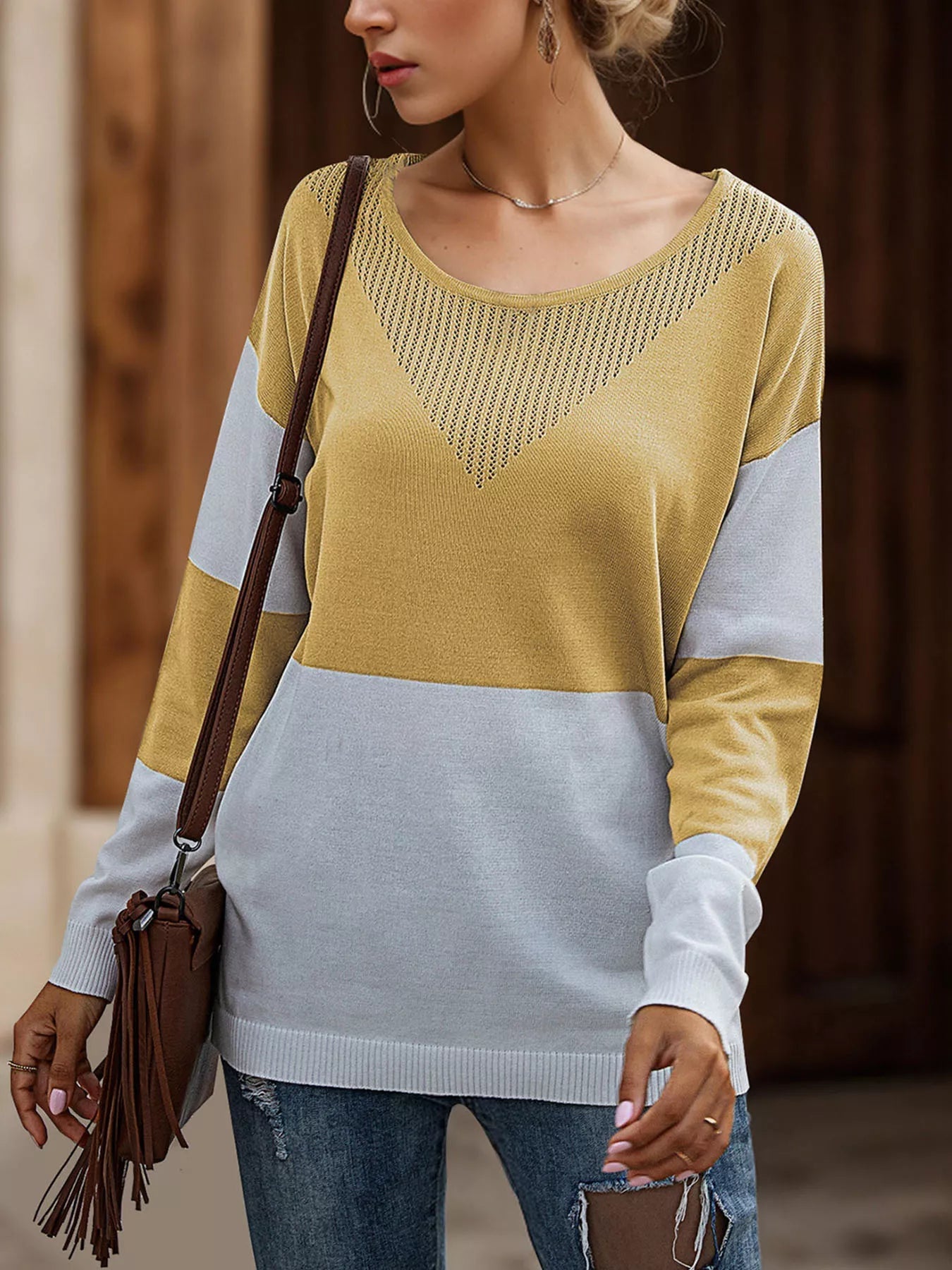 Color Block V - Neck Knit Top designed for comfort and style at Lookzlike