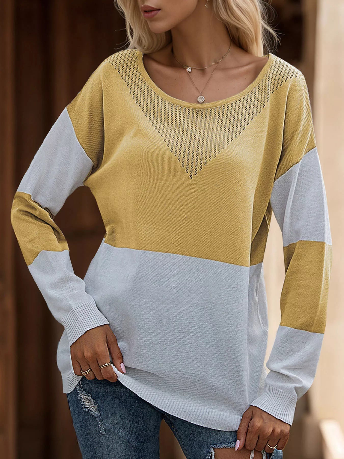 Color Block V - Neck Knit Top designed for comfort and style at Lookzlike