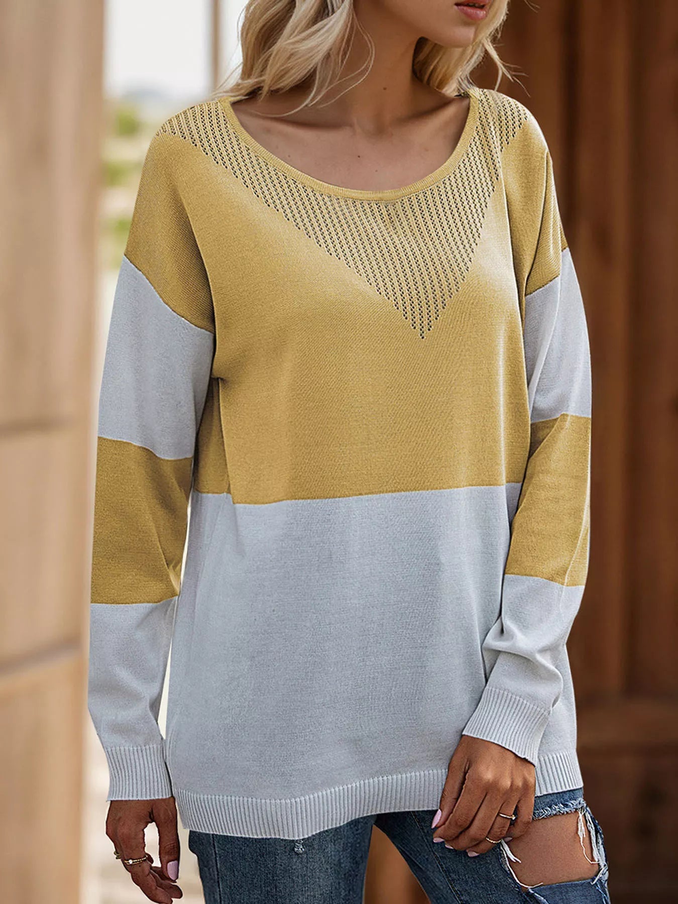 Color Block V - Neck Knit Top designed for comfort and style at Lookzlike