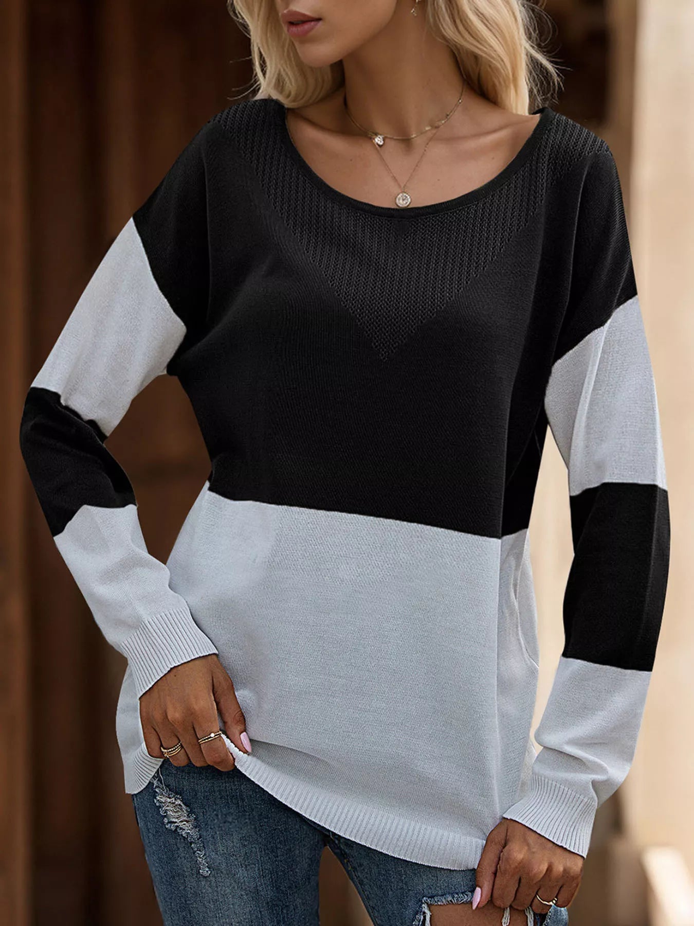 Color Block V - Neck Knit Top designed for comfort and style at Lookzlike