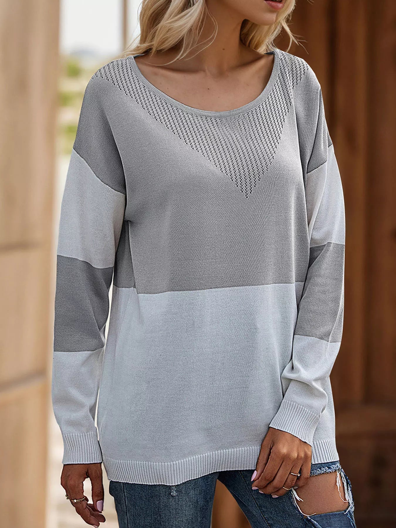 Color Block V - Neck Knit Top designed for comfort and style at Lookzlike
