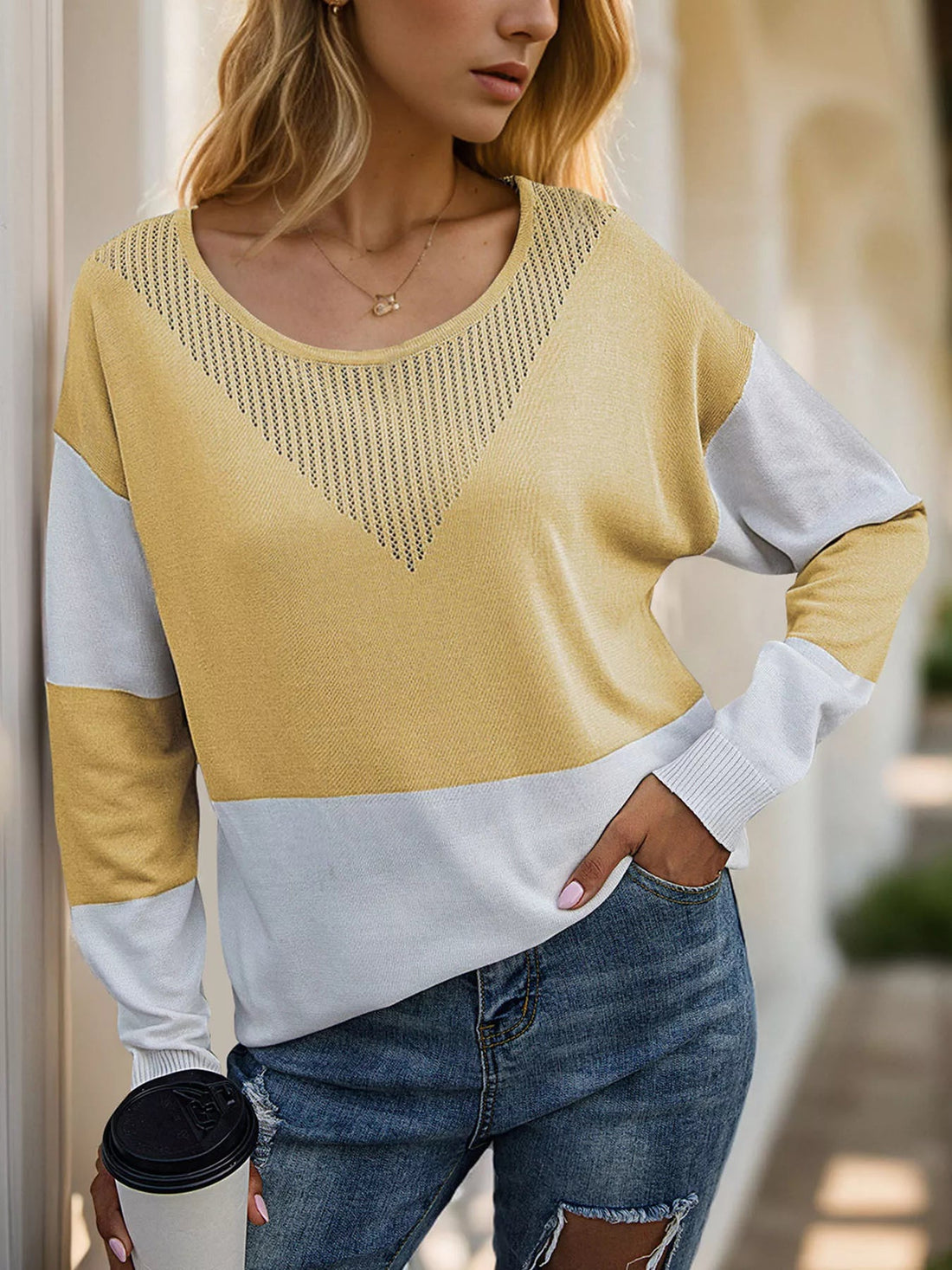 Color Block V - Neck Knit Top designed for comfort and style at Lookzlike