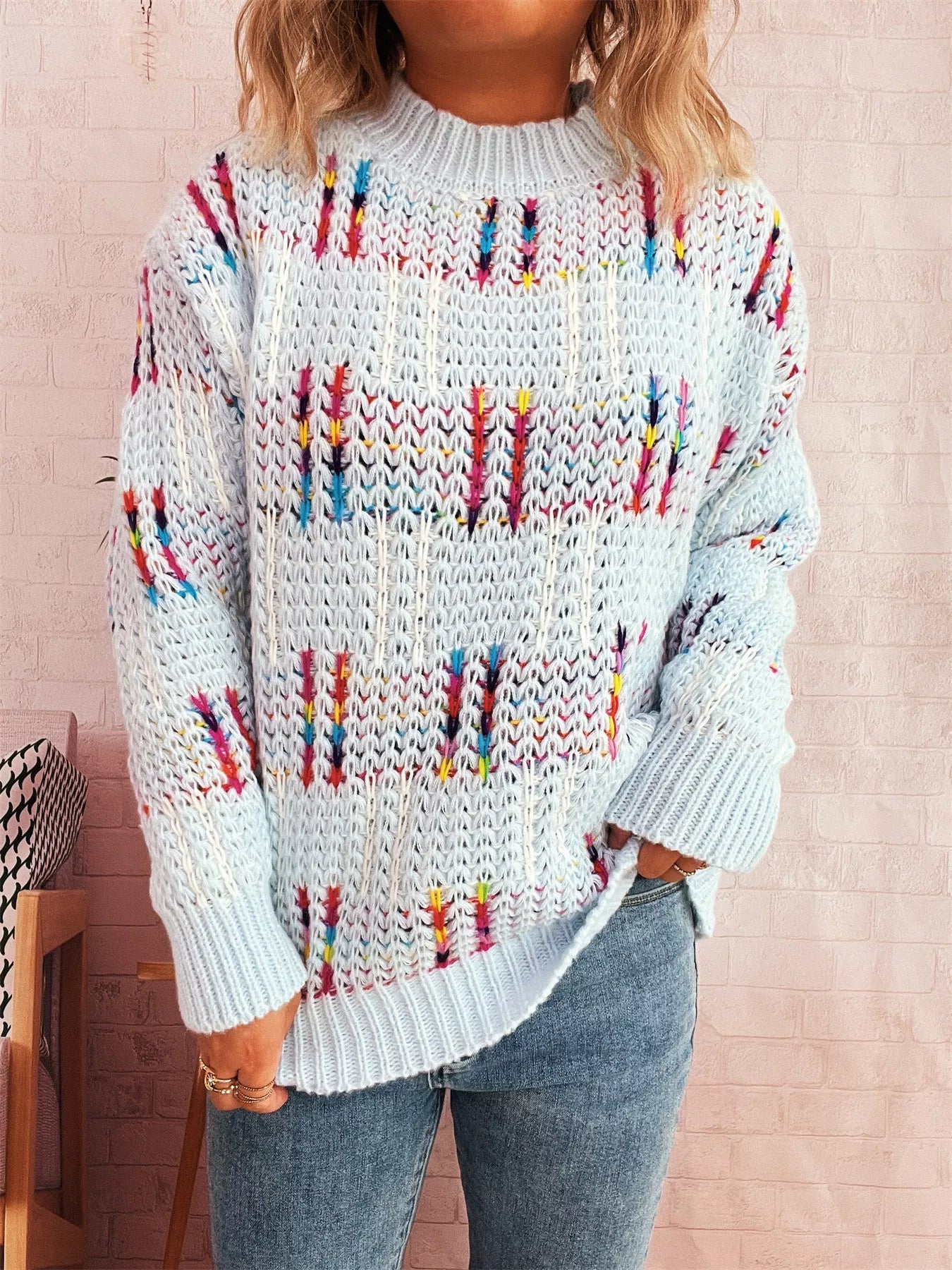 Colorful Round Neck Long Sleeve Sweater designed for comfort and style at Lookzlike