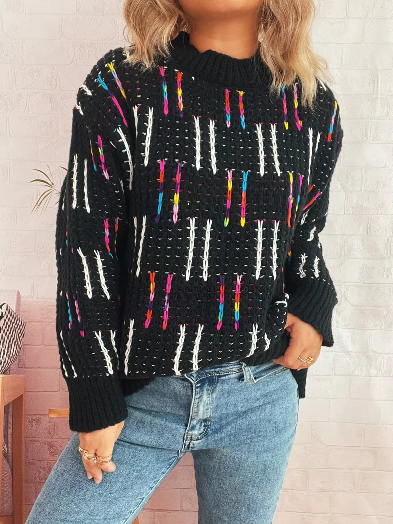 Colorful Round Neck Long Sleeve Sweater designed for comfort and style at Lookzlike