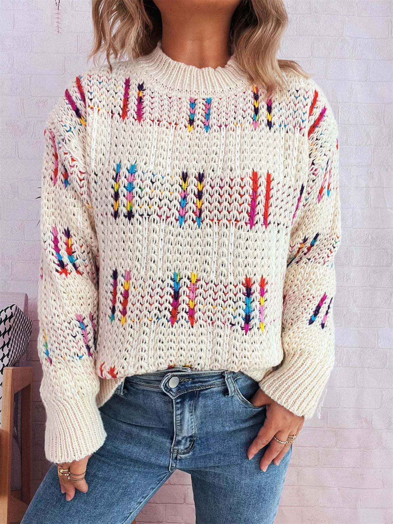 Colorful Round Neck Long Sleeve Sweater designed for comfort and style at Lookzlike