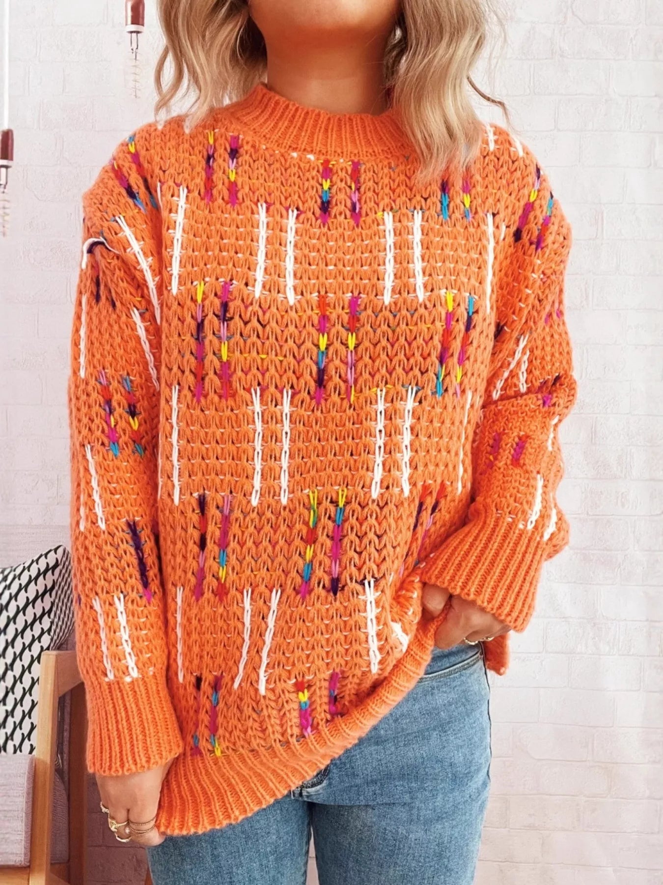 Colorful Round Neck Long Sleeve Sweater designed for comfort and style at Lookzlike