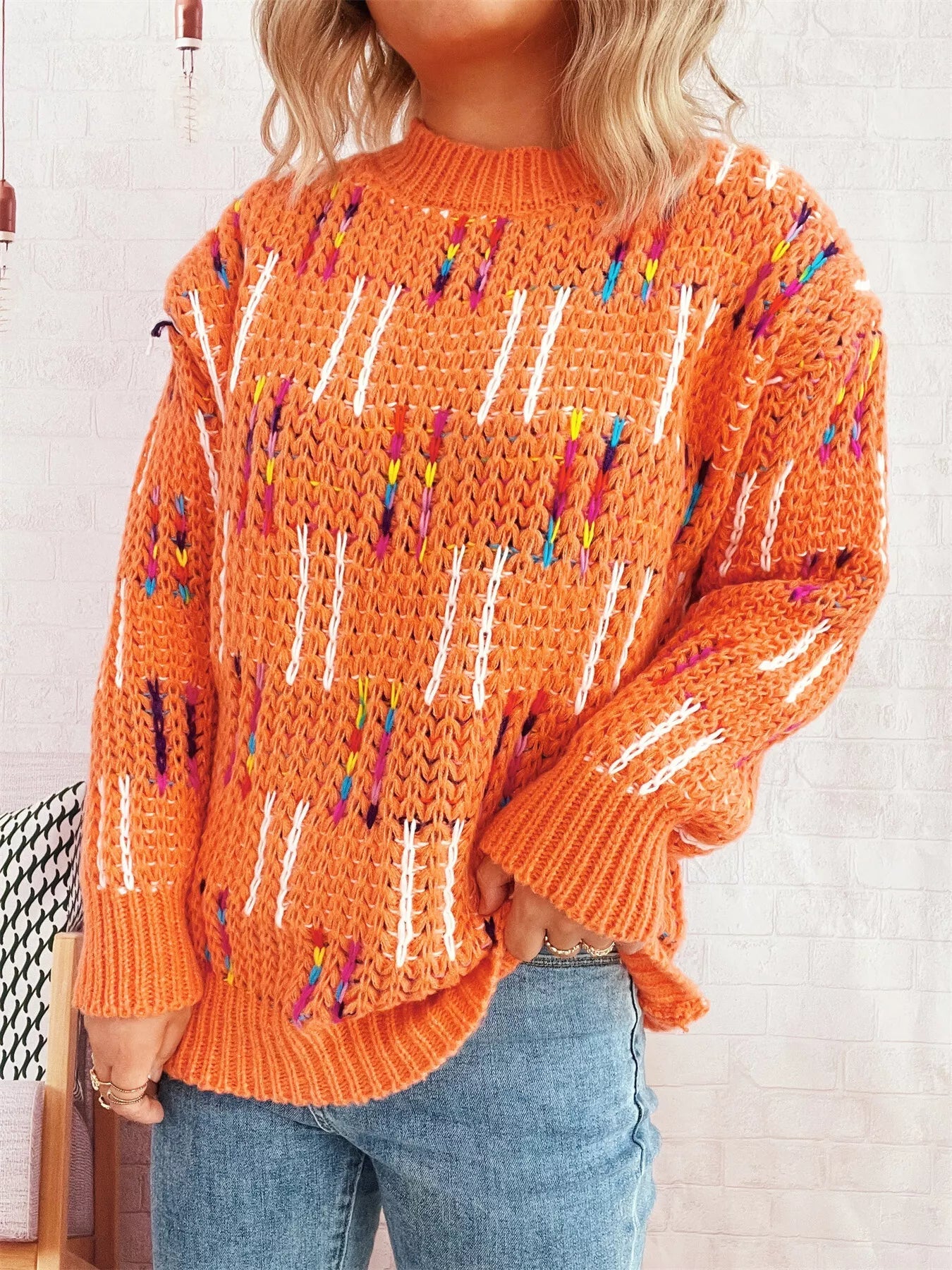 Colorful Round Neck Long Sleeve Sweater designed for comfort and style at Lookzlike