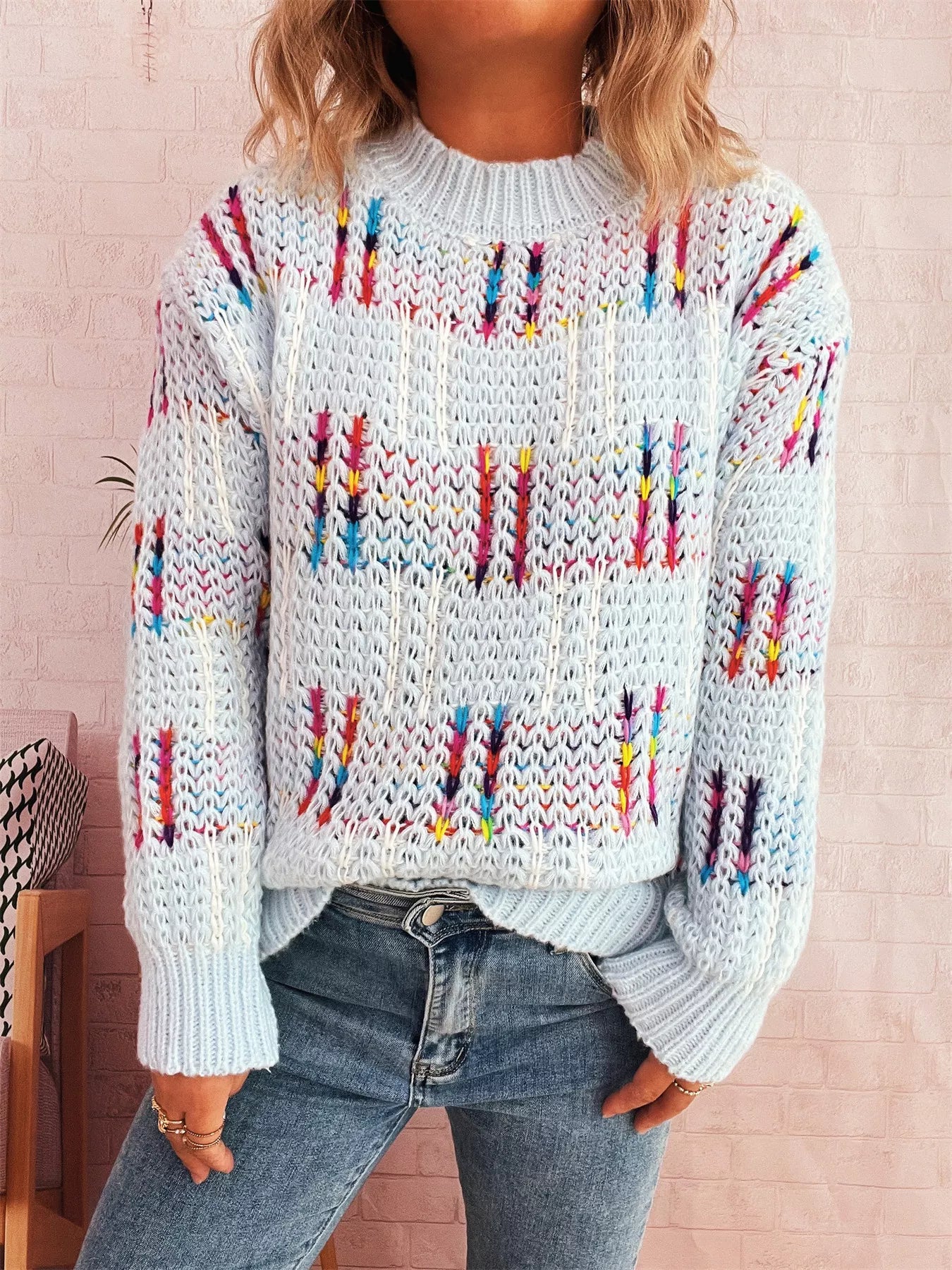 Colorful Round Neck Long Sleeve Sweater designed for comfort and style at Lookzlike