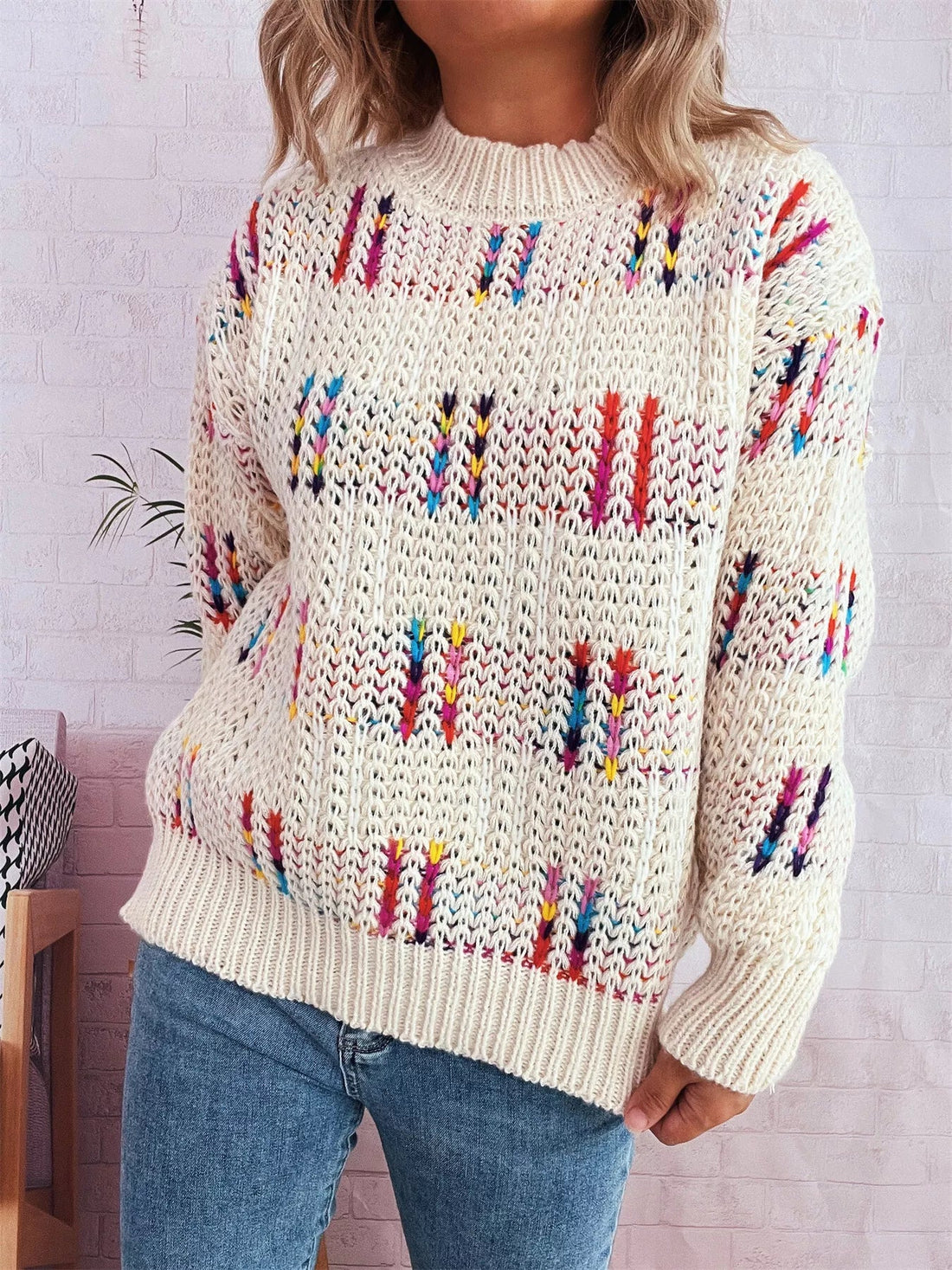 Colorful Round Neck Long Sleeve Sweater designed for comfort and style at Lookzlike