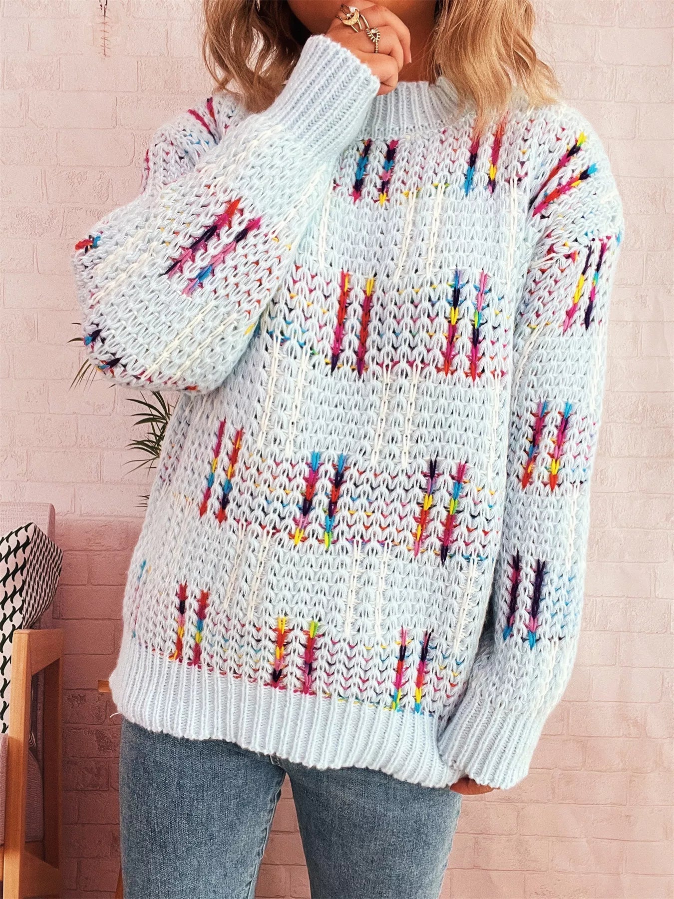 Colorful Round Neck Long Sleeve Sweater designed for comfort and style at Lookzlike