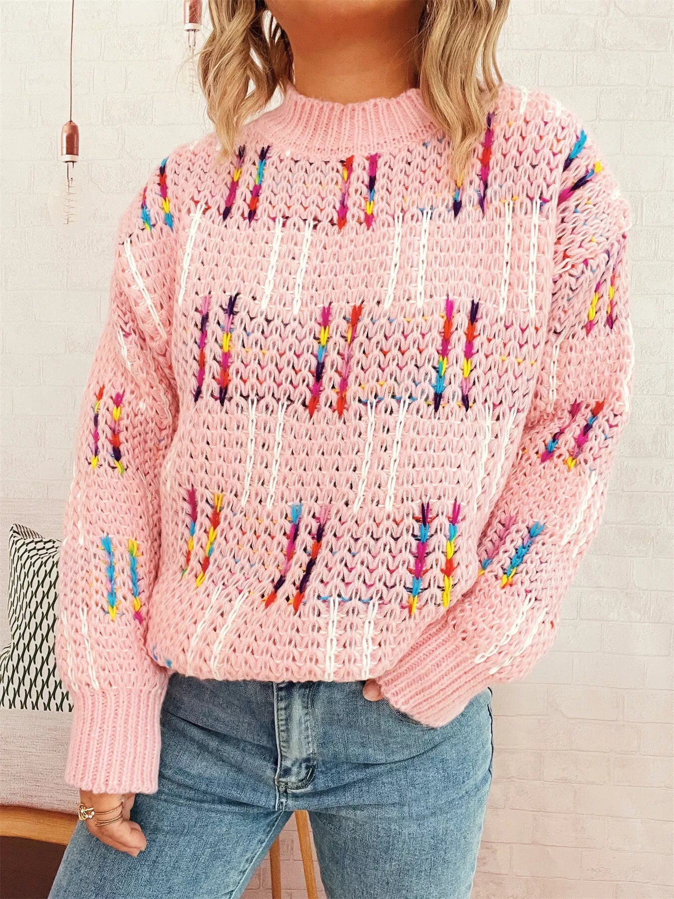Colorful Round Neck Long Sleeve Sweater designed for comfort and style at Lookzlike