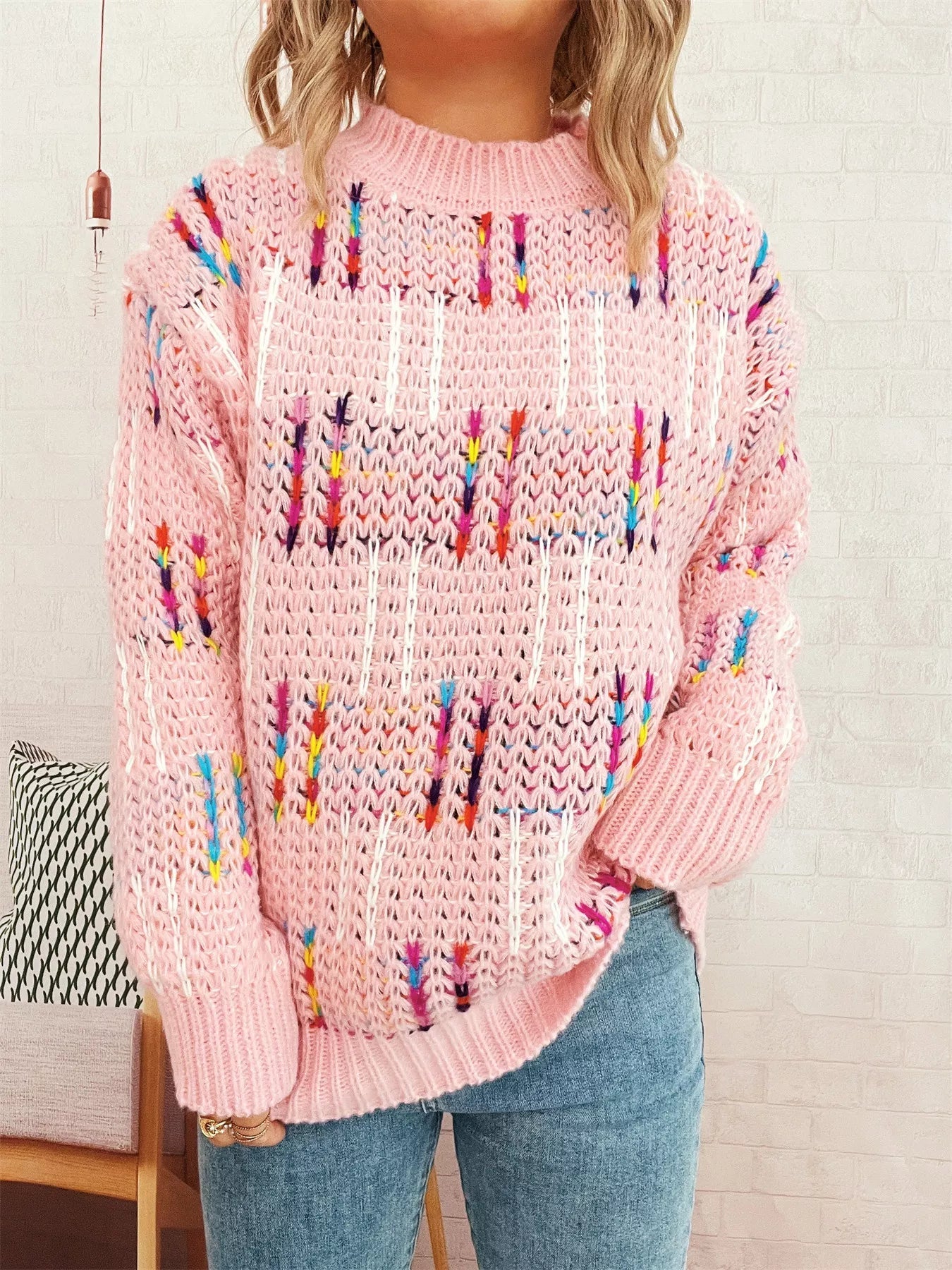 Colorful Round Neck Long Sleeve Sweater designed for comfort and style at Lookzlike