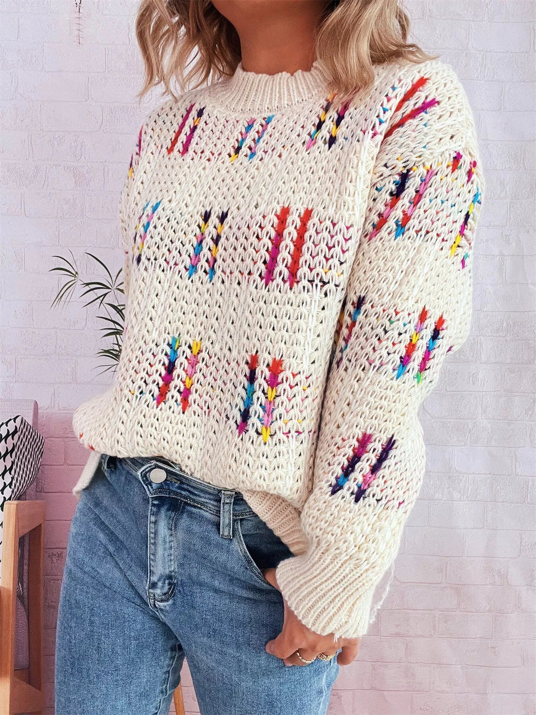 Colorful Round Neck Long Sleeve Sweater designed for comfort and style at Lookzlike