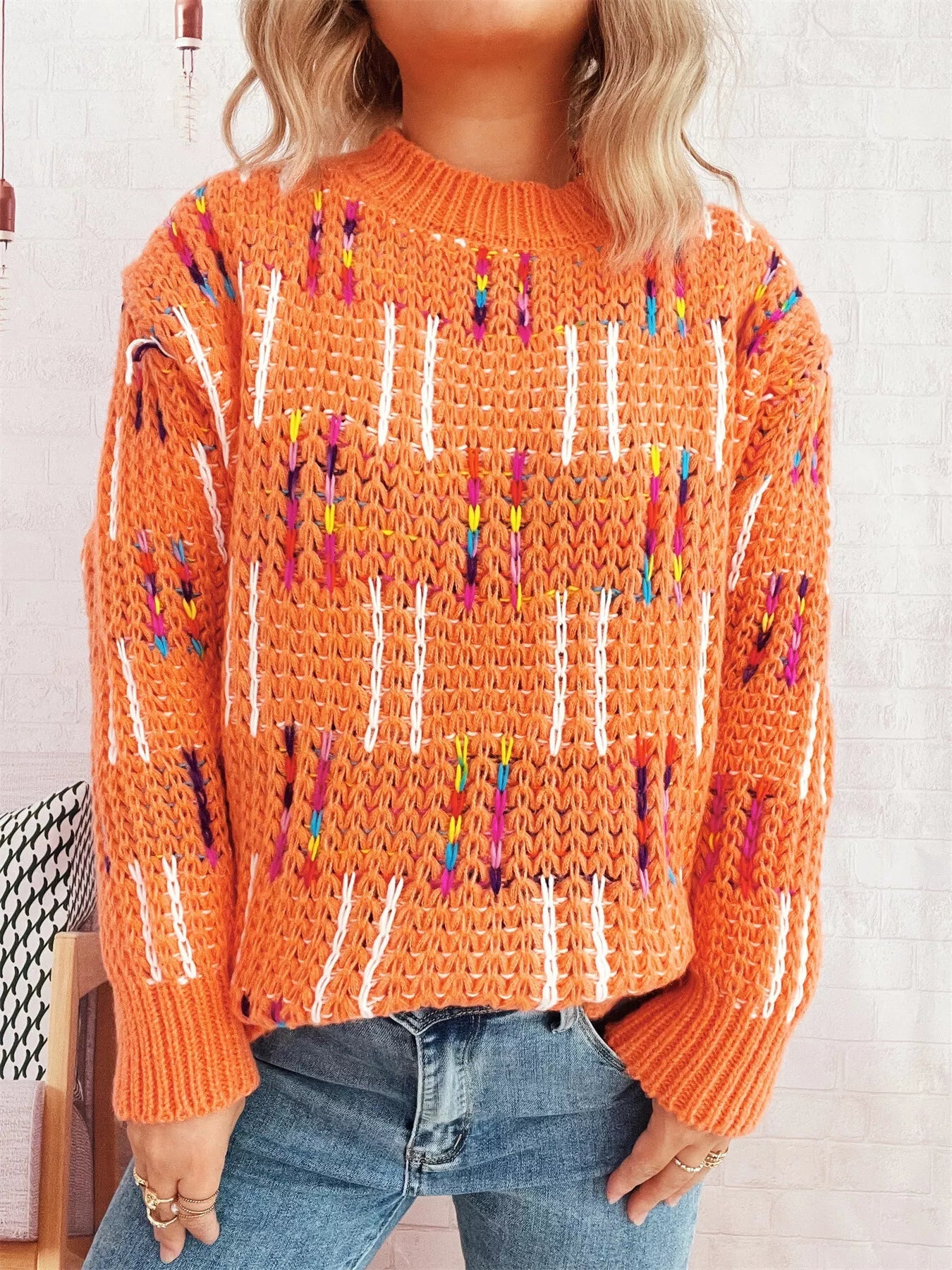 Colorful Round Neck Long Sleeve Sweater designed for comfort and style at Lookzlike