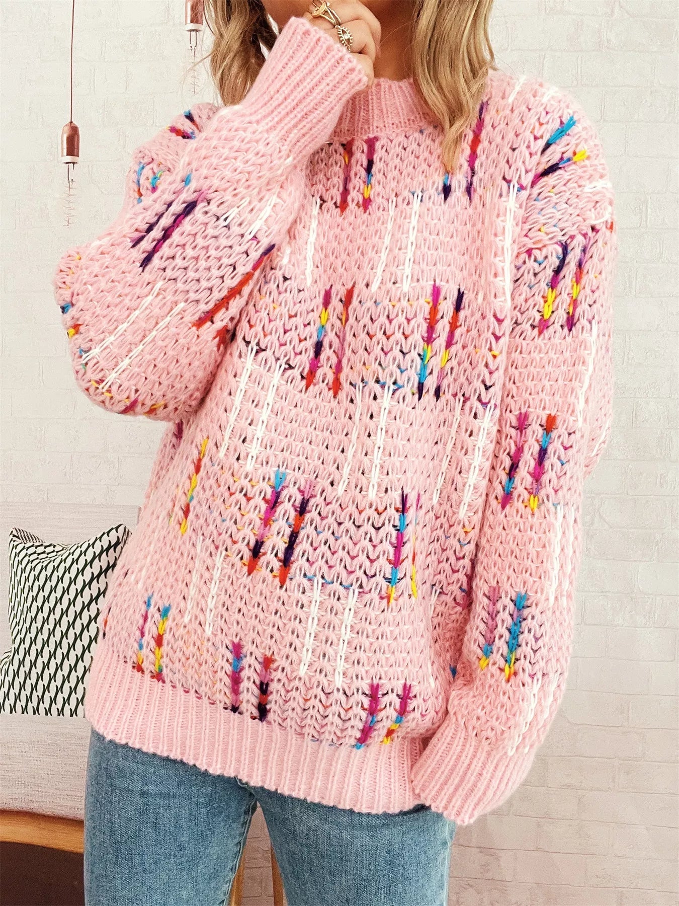 Colorful Round Neck Long Sleeve Sweater designed for comfort and style at Lookzlike