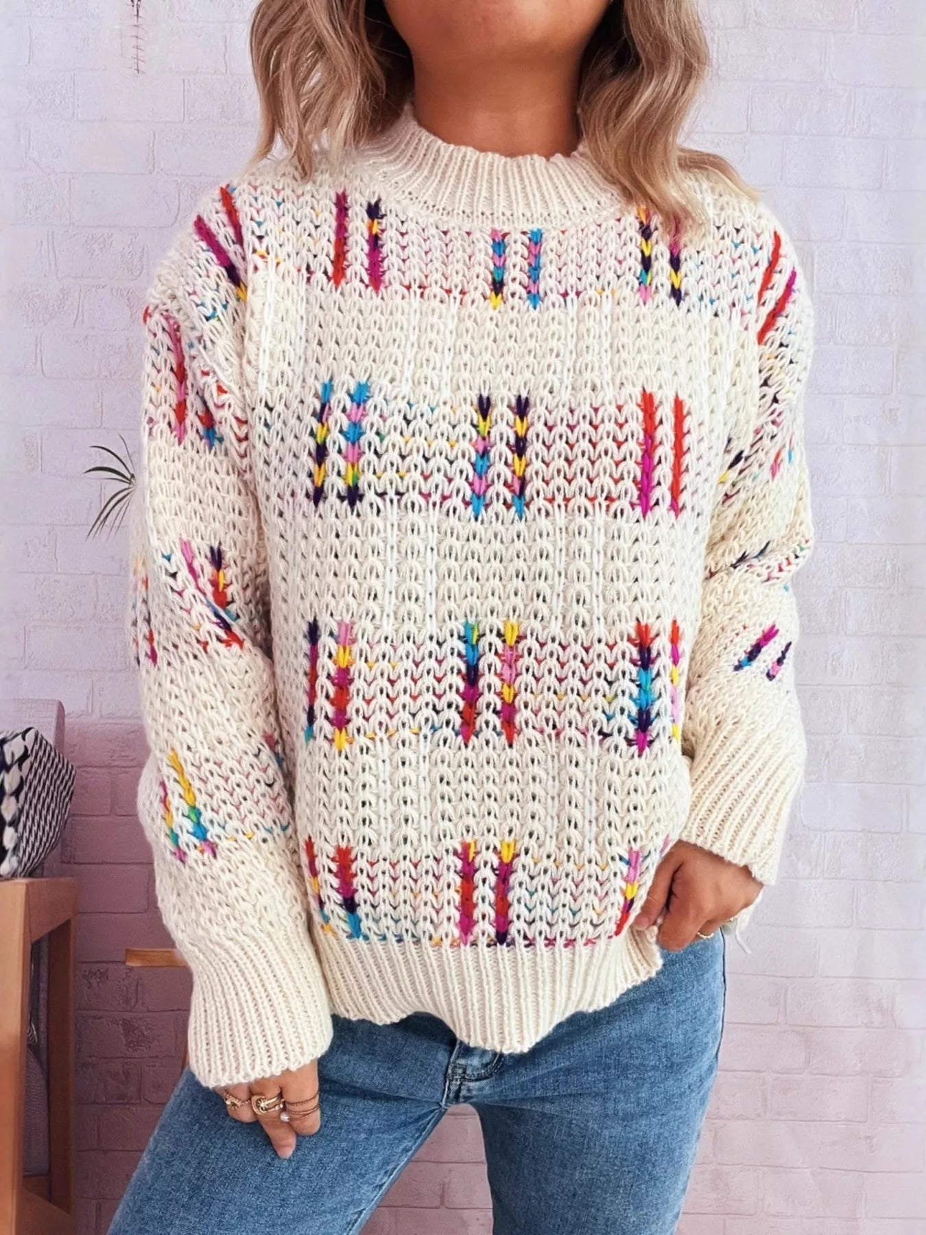 Colorful Round Neck Long Sleeve Sweater designed for comfort and style at Lookzlike