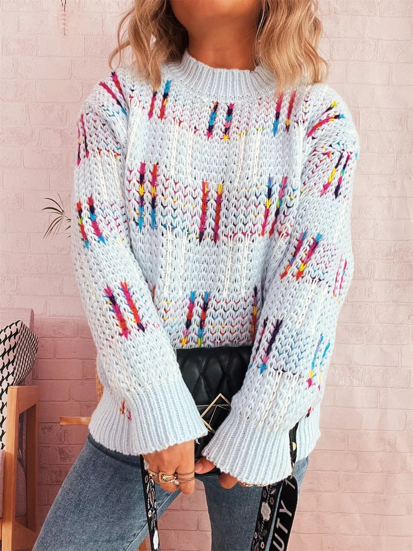 Colorful Round Neck Long Sleeve Sweater designed for comfort and style at Lookzlike