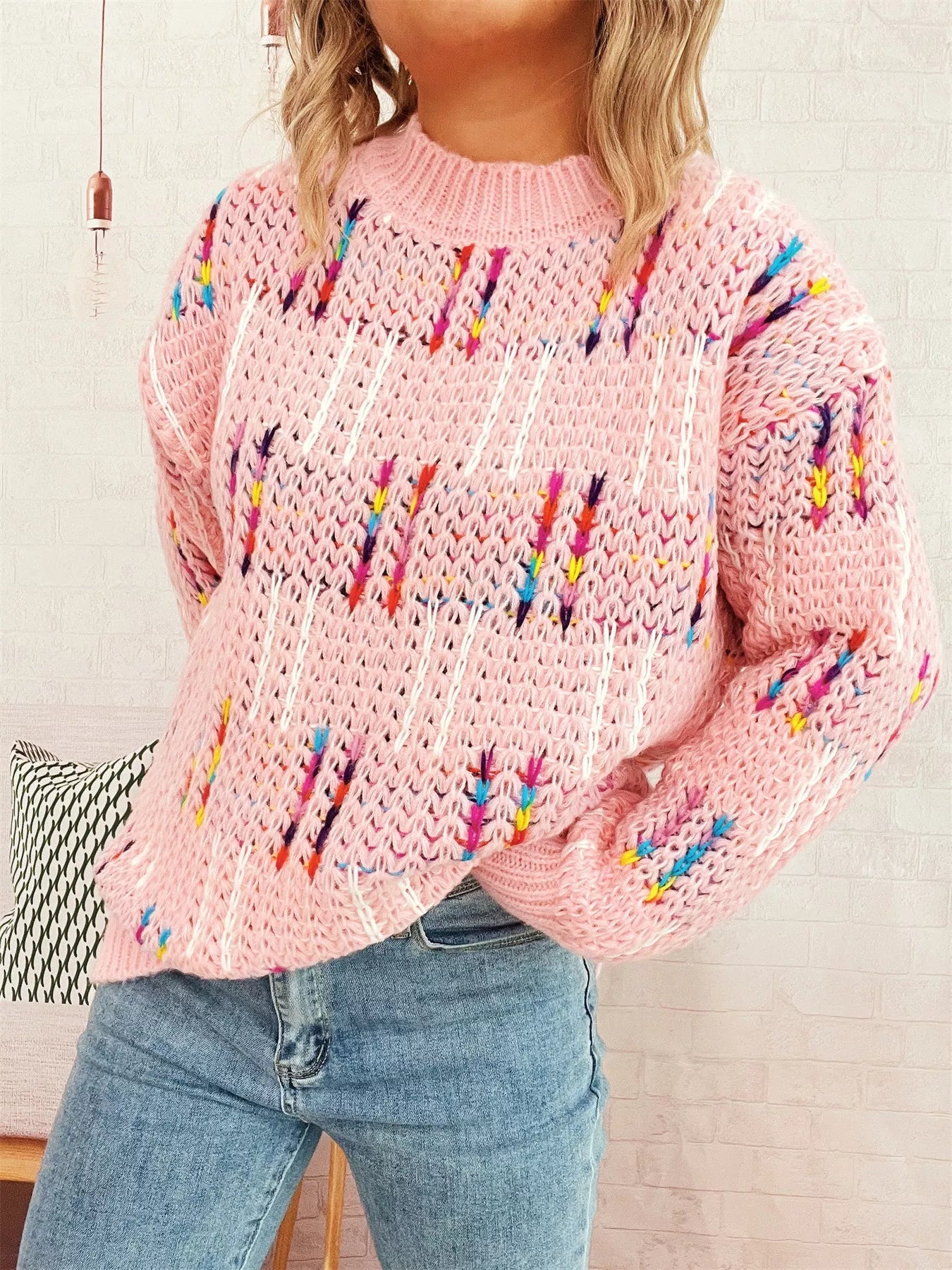Colorful Round Neck Long Sleeve Sweater designed for comfort and style at Lookzlike