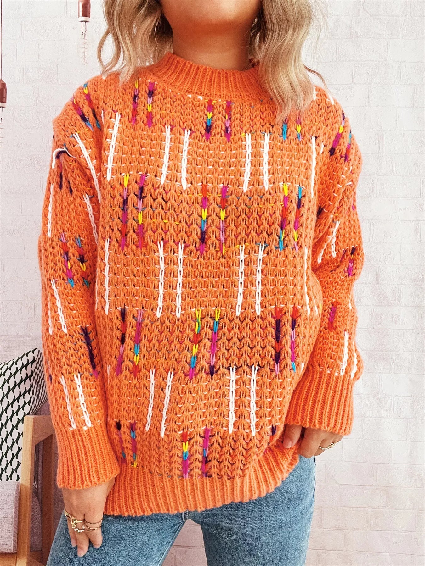 Colorful Round Neck Long Sleeve Sweater designed for comfort and style at Lookzlike