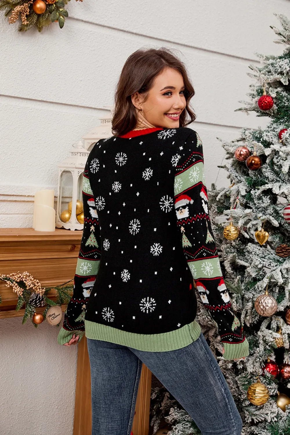 Contrast Christmas Pattern Round Neck Sweater designed for comfort and style at Lookzlike