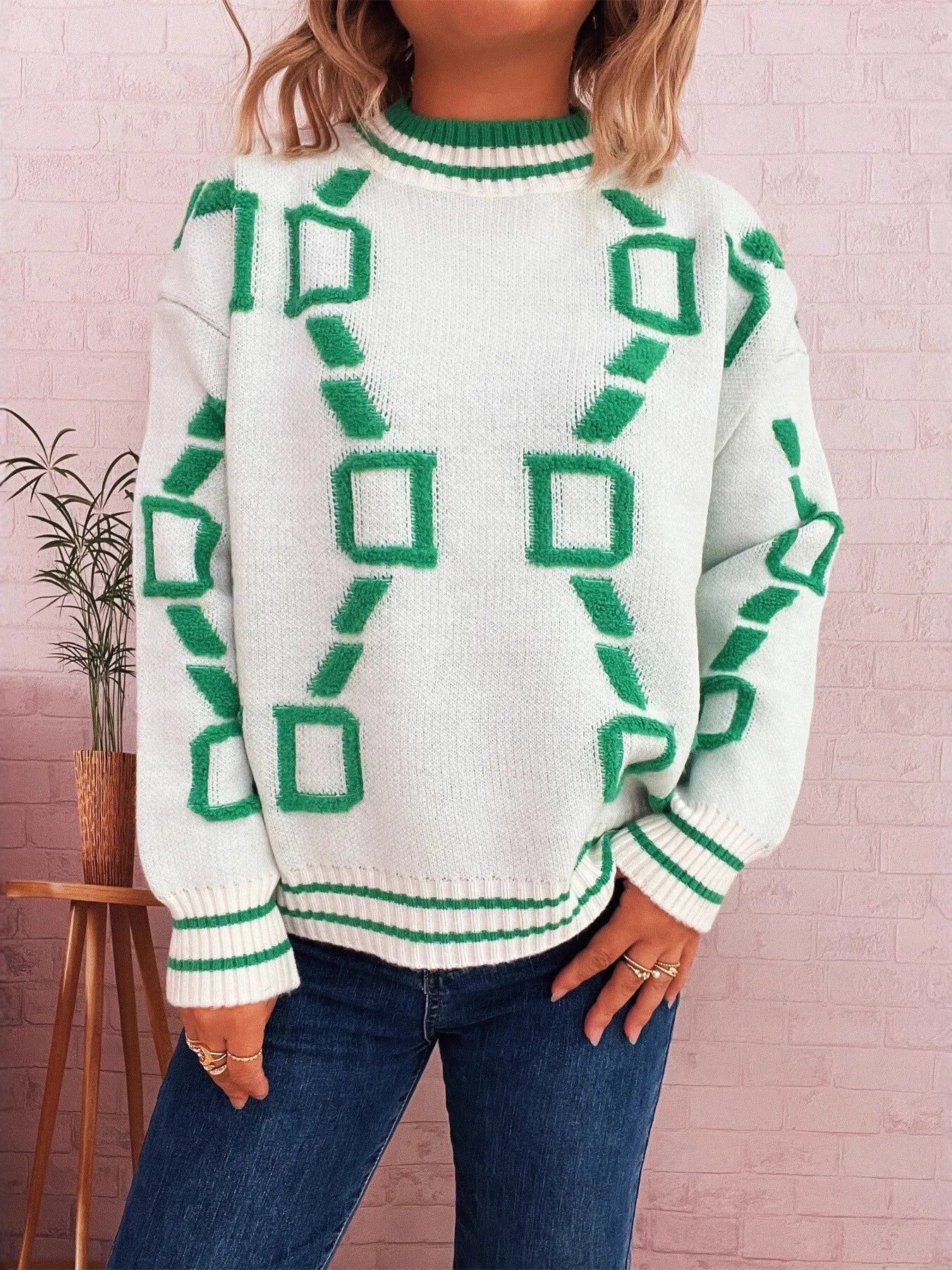 Contrast Round Neck Long Sleeve Sweater designed for comfort and style at Lookzlike