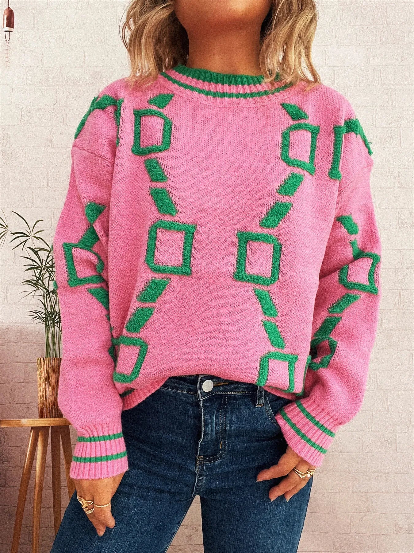 Contrast Round Neck Long Sleeve Sweater designed for comfort and style at Lookzlike