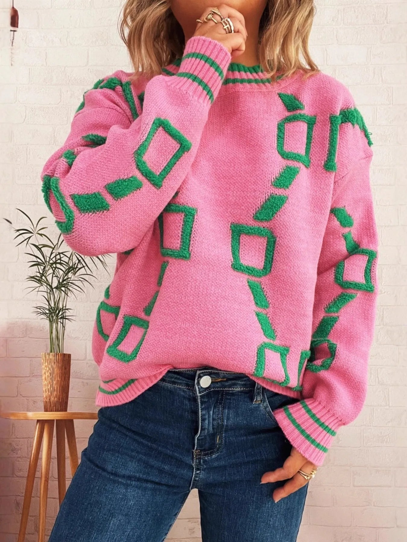 Contrast Round Neck Long Sleeve Sweater designed for comfort and style at Lookzlike