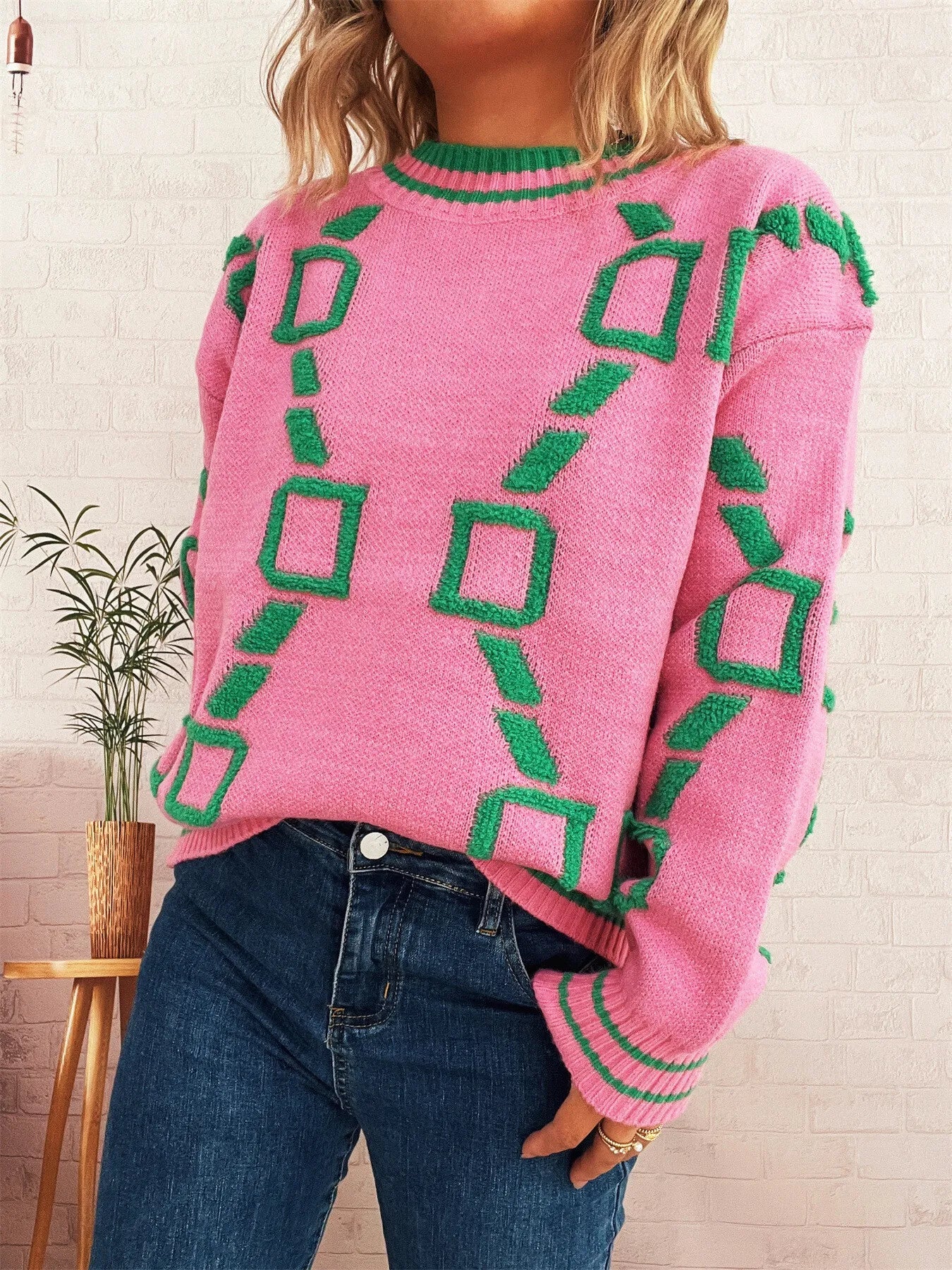 Contrast Round Neck Long Sleeve Sweater designed for comfort and style at Lookzlike