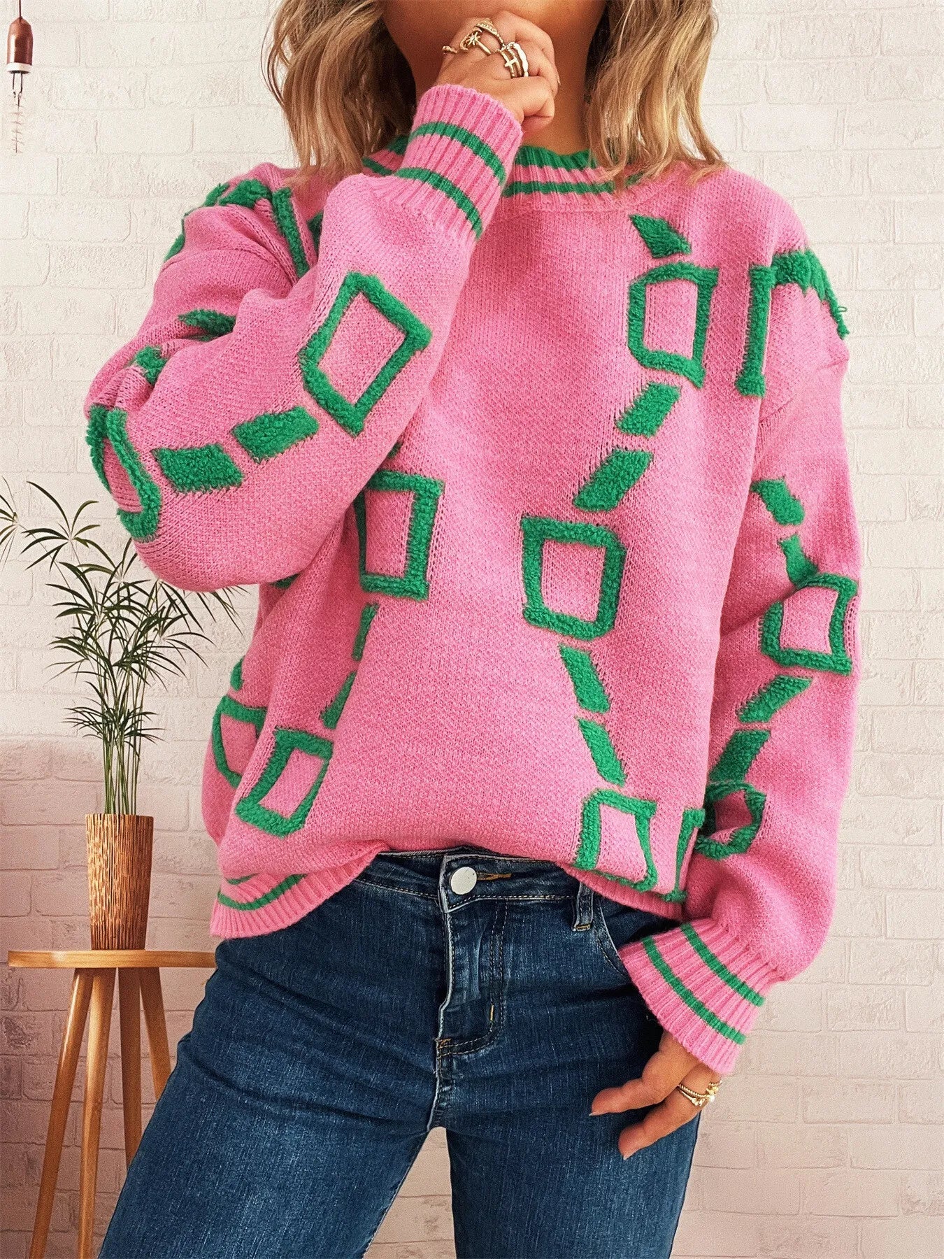Contrast Round Neck Long Sleeve Sweater designed for comfort and style at Lookzlike