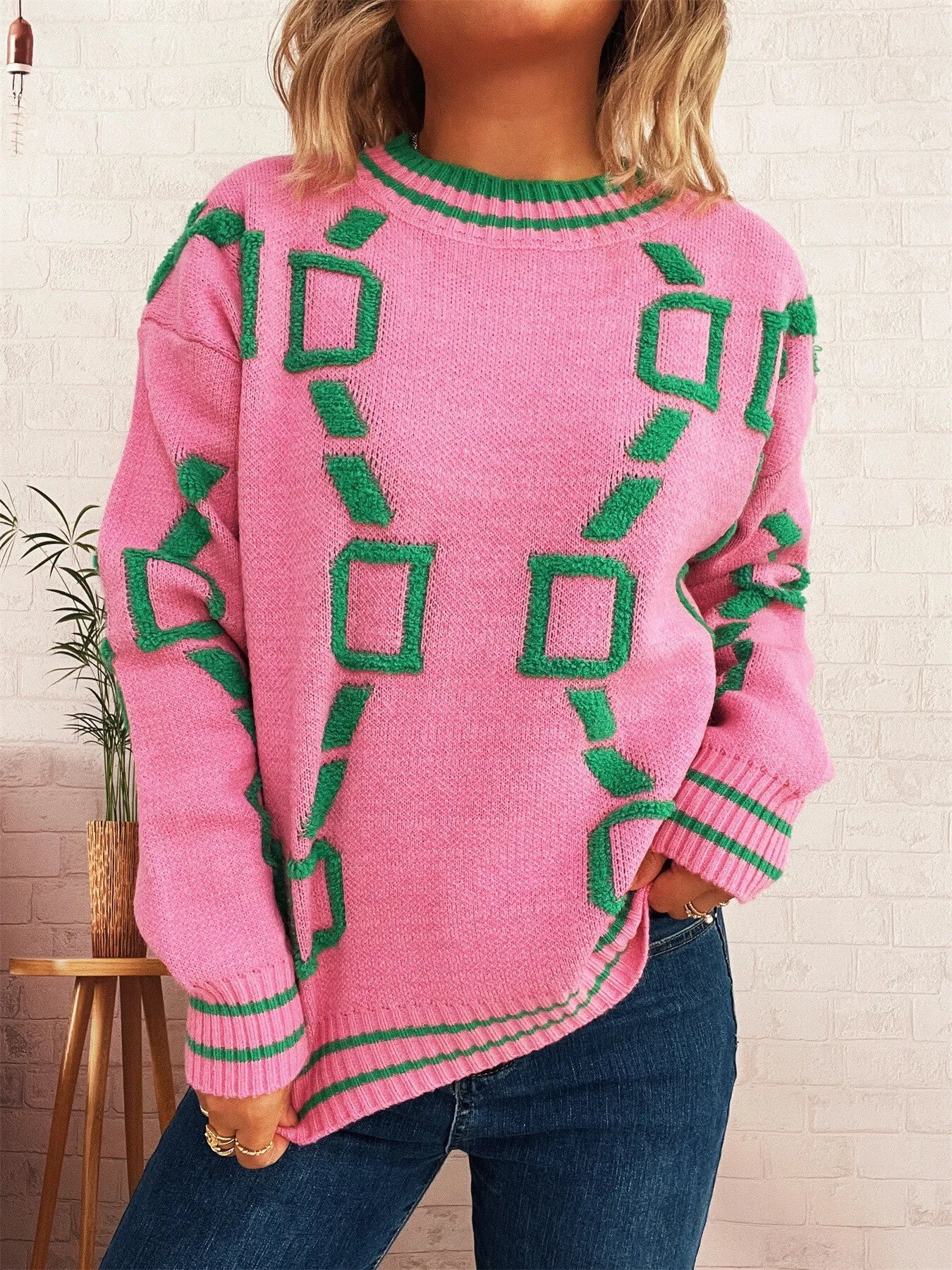 Contrast Round Neck Long Sleeve Sweater designed for comfort and style at Lookzlike