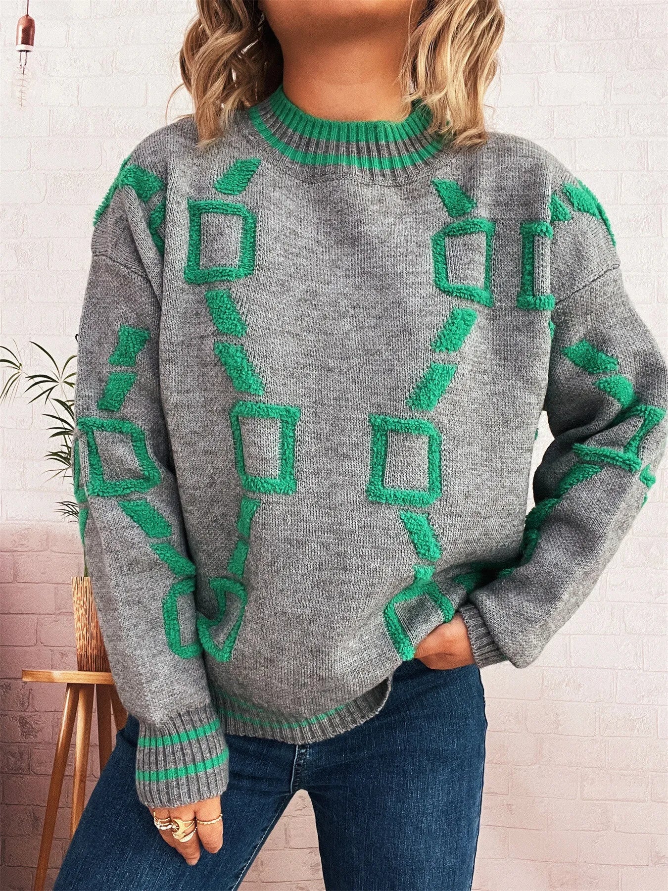 Contrast Round Neck Long Sleeve Sweater designed for comfort and style at Lookzlike